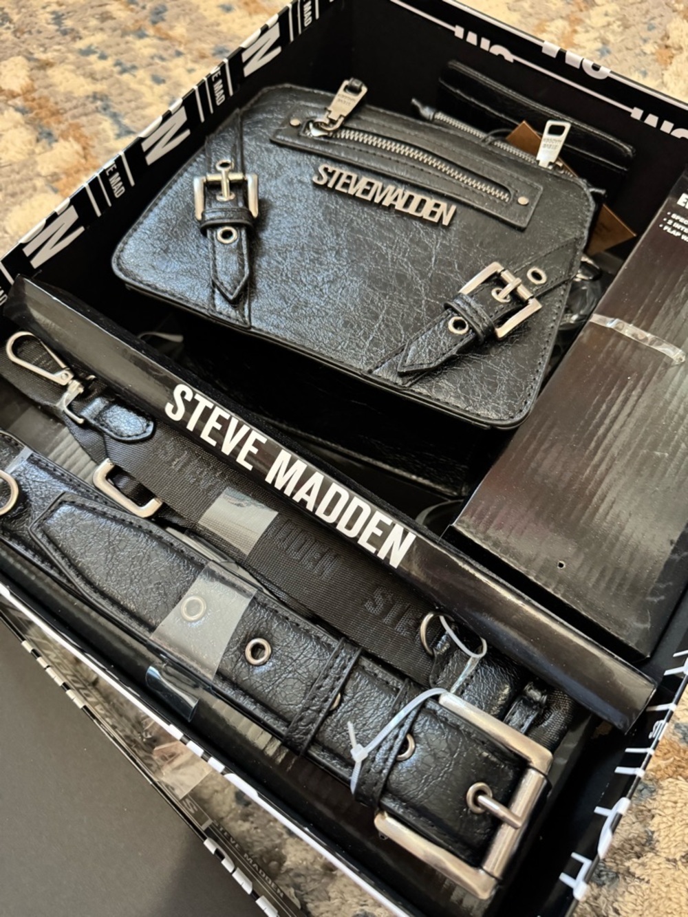 Steve Madden Black Mini Crossbody Belt Bag with Silver Hardware